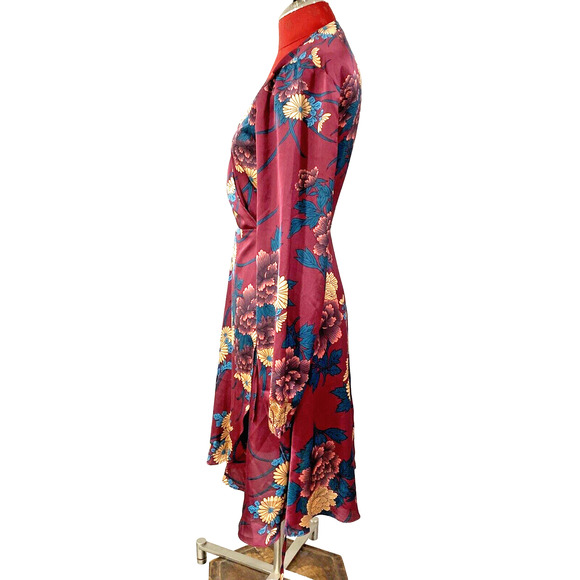 Lulus Size M Long Sleeve Silky True Wrap Dress Burgundy Teal Gold Floral Boho - Picture 3 of 9